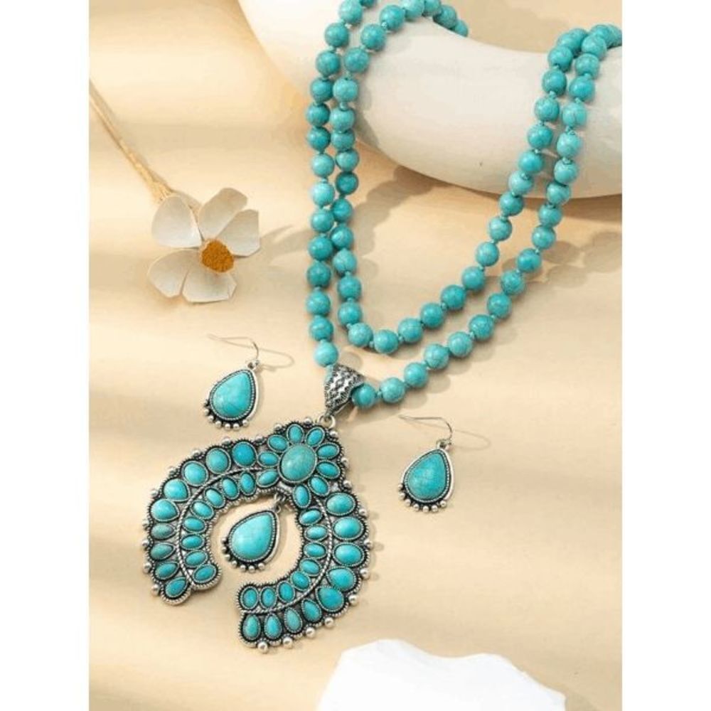 Silver Turquoise Western Squash Blossom Necklace & Earring Set
